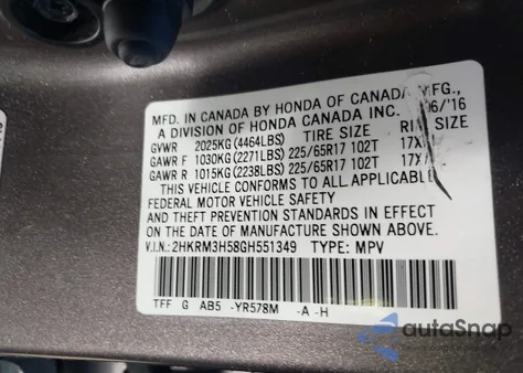 2016 Honda Cr-V Ex из США, поврежденный, VIN 2HKRM3H58GH551349